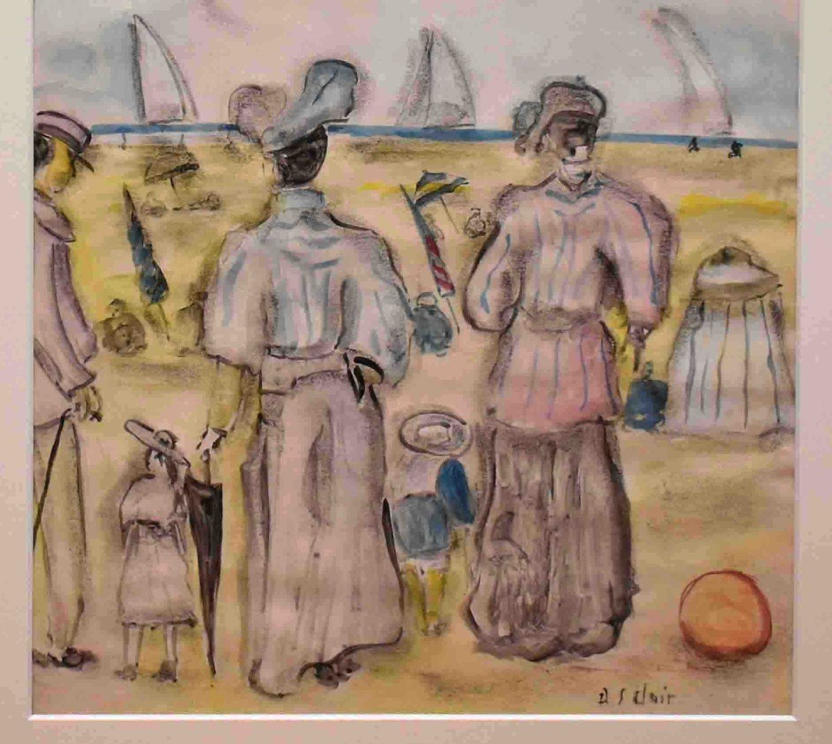 Henri Saint-clair ( 1899-1990). Bord De Mer, Scène Familiale Sur Plage Normande.-photo-4