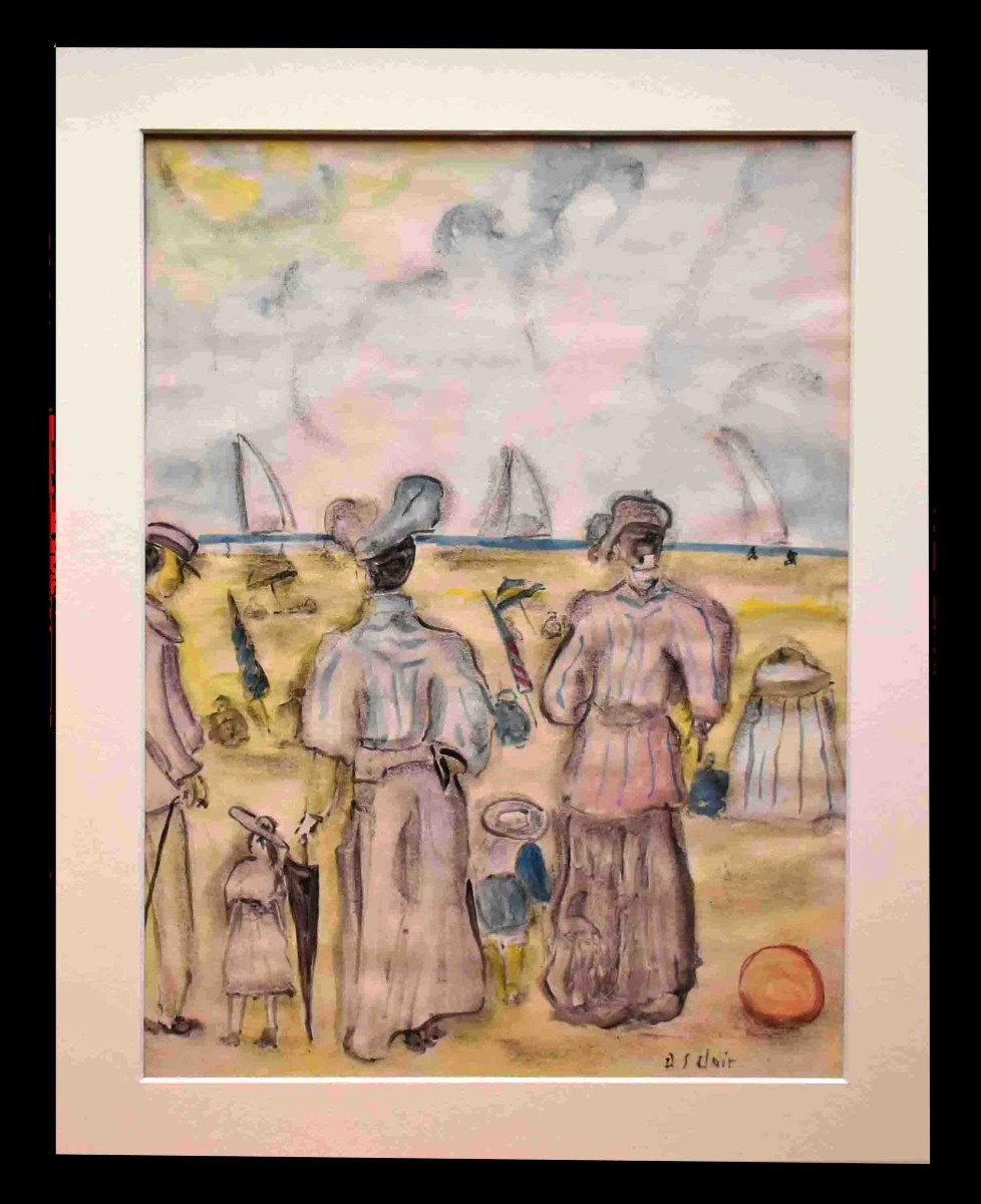 Henri Saint-clair ( 1899-1990). Bord De Mer, Scène Familiale Sur Plage Normande.