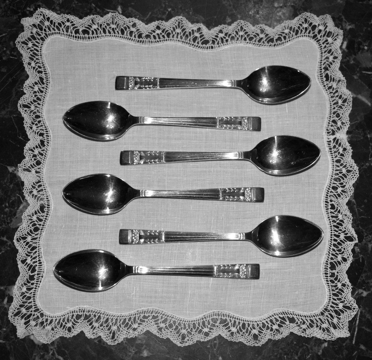 Box Of Six Small Coffee Spoons Or Art Deco Dessert, Box For Set Of 6 Cutlery.-photo-1