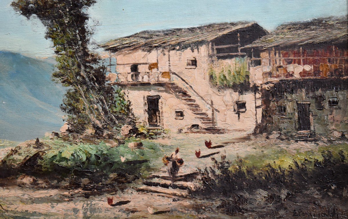 Percivaldi Ettoré, Large Painting Of A Farmyard Scene In Piedmont.-photo-4