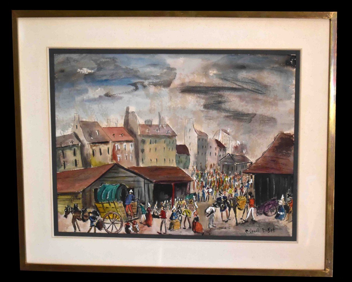 Claude Tabet ( 1924-1979), grande aquarelle . scène de rue, place animée, -photo-2