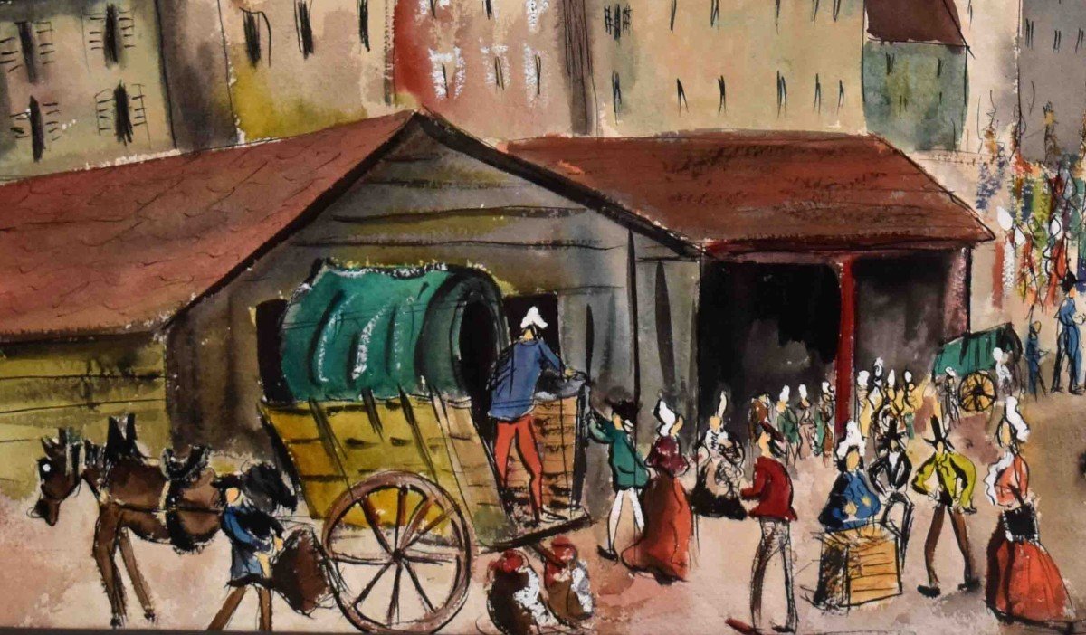 Claude Tabet (1924-1979), Large Watercolor. Street Scene, Lively Square,-photo-1