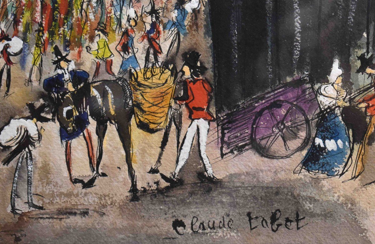 Claude Tabet ( 1924-1979), grande aquarelle . scène de rue, place animée, -photo-4