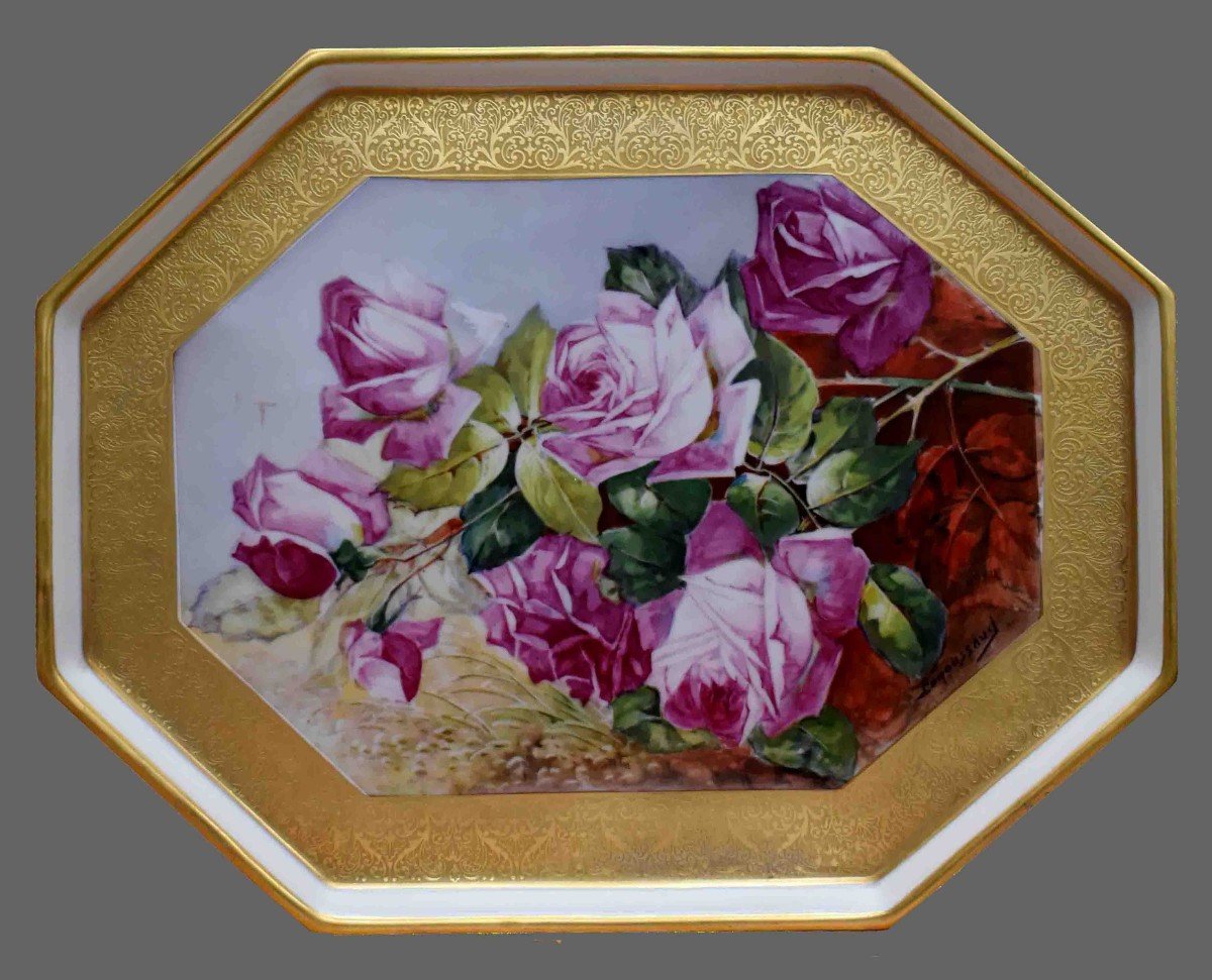 Leroussaud Limoges, Peinture Sur Porcelaine, Grand Plateau Décoratif, Plat  Décor Bouquet De Roses et incrustation double dorure or.-photo-2