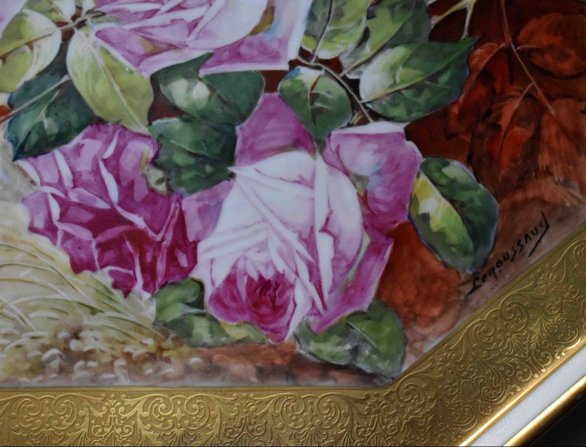 Leroussaud Limoges, Porcelain Painting, Large Decorative Tray, Bouquet Of Roses Decor-photo-1