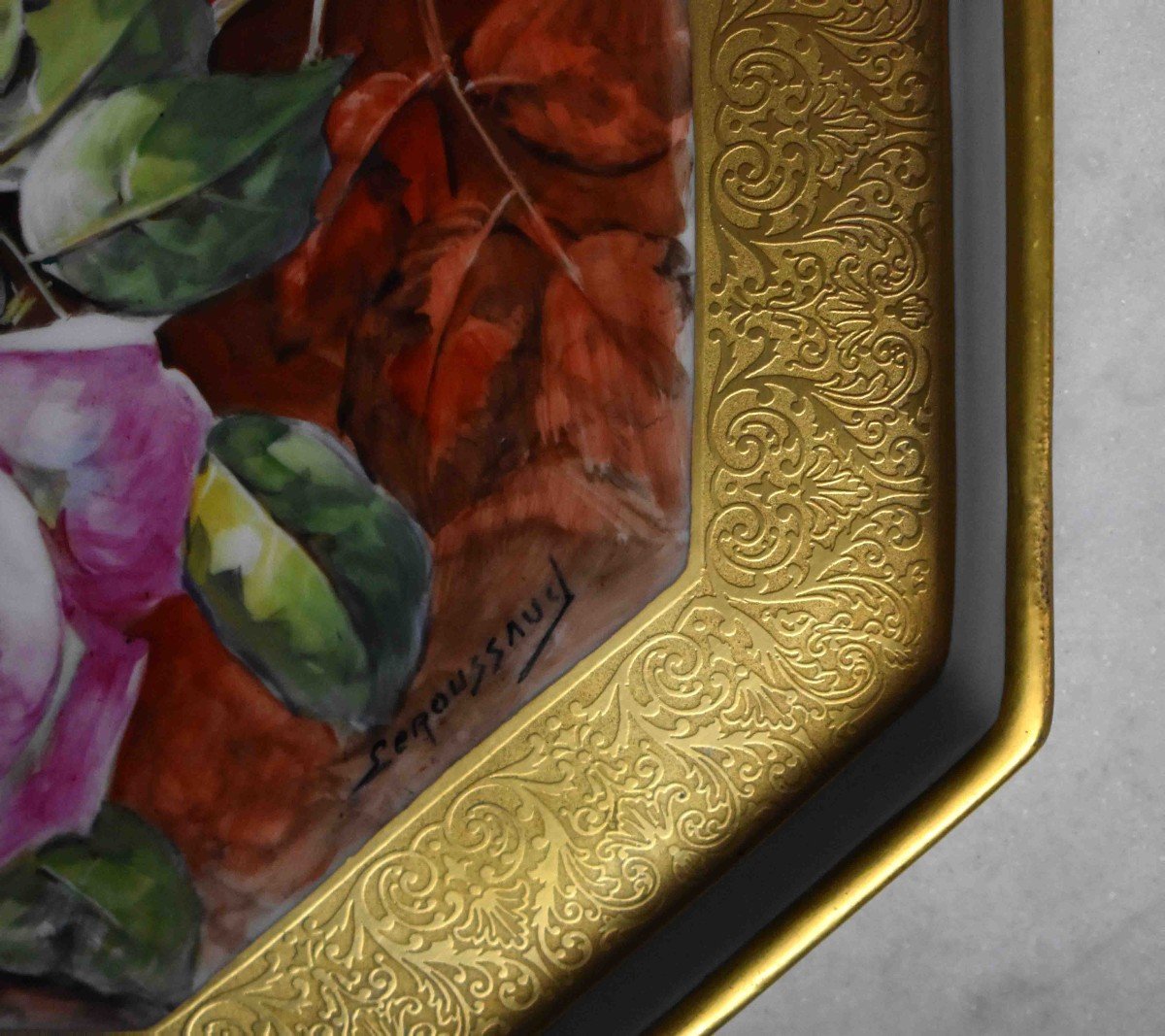 Leroussaud Limoges, Porcelain Painting, Large Decorative Tray, Bouquet Of Roses Decor-photo-2