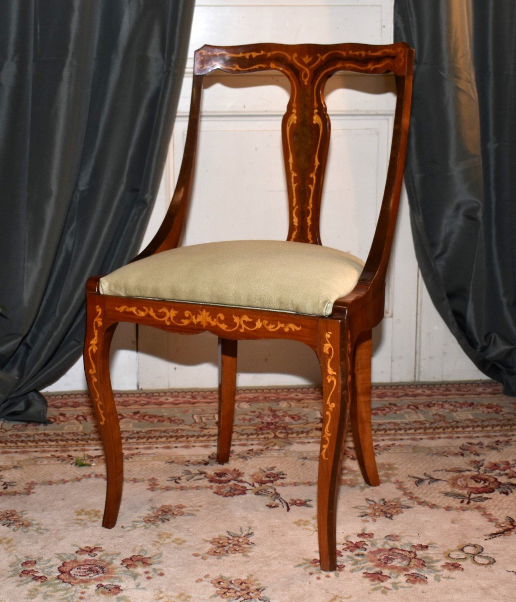 Pair Of Chairs With Gondola Backrest And Marquetry Decor, Light Wood Scrolls.-photo-3
