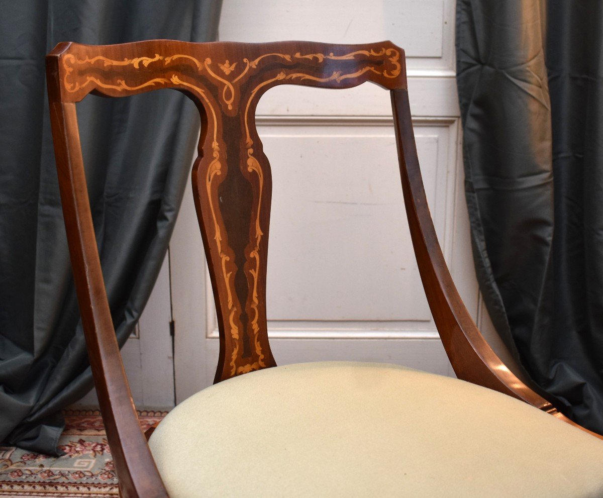 Pair Of Chairs With Gondola Backrest And Marquetry Decor, Light Wood Scrolls.-photo-2