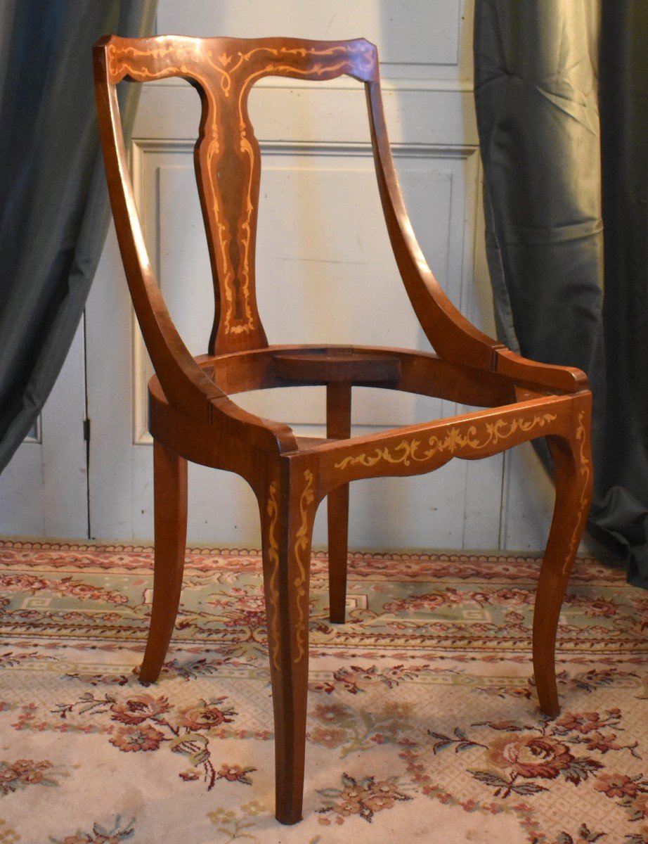 Pair Of Chairs With Gondola Backrest And Marquetry Decor, Light Wood Scrolls.-photo-6