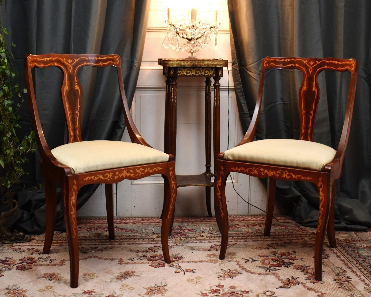 Pair Of Chairs With Gondola Backrest And Marquetry Decor, Light Wood Scrolls.