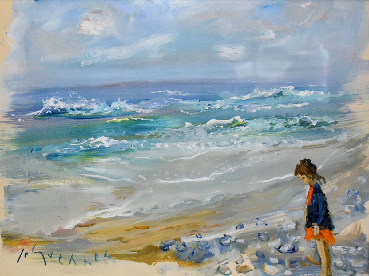 Jean Le Guennec (1924-1988) Gouache Seaside Landscape Little Girl On The Pebbles.-photo-2