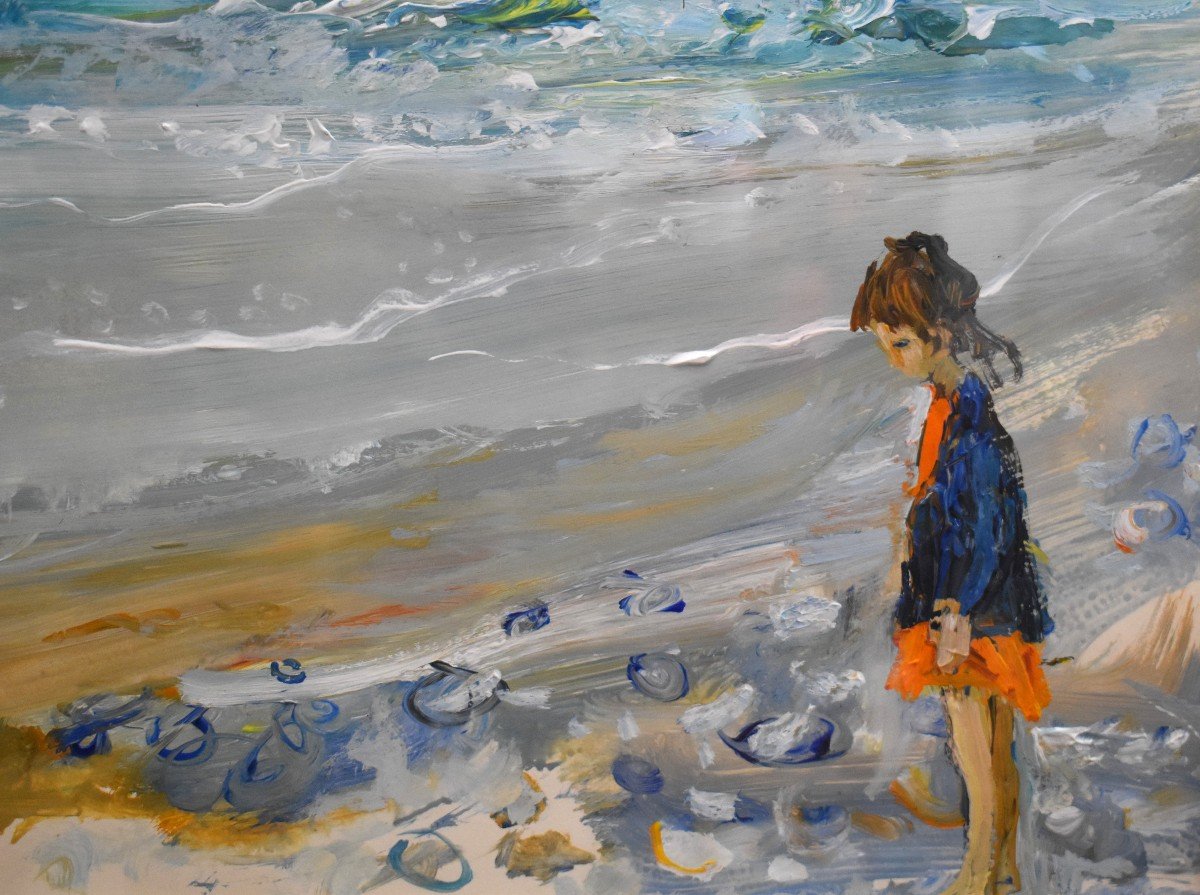 Jean Le Guennec (1924-1988) Gouache Seaside Landscape Little Girl On The Pebbles.-photo-4