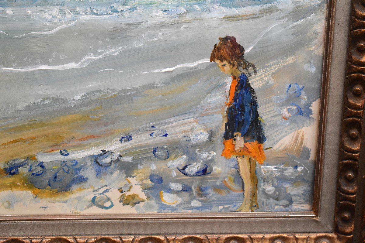 Jean Le Guennec (1924-1988) Gouache Seaside Landscape Little Girl On The Pebbles.-photo-3