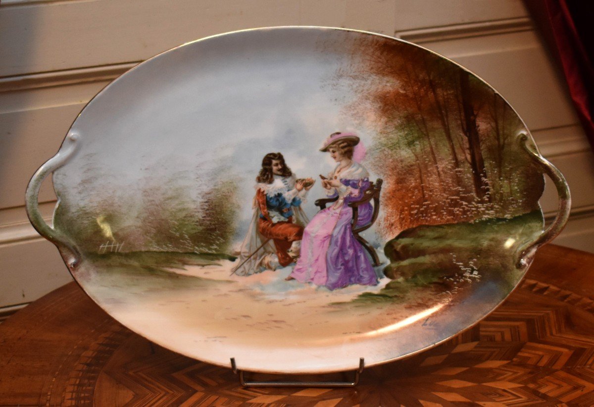 Gda Limoges, Important Pair Of Decorative Porcelain Dishes, Decorated With Galante Scene And M-photo-2