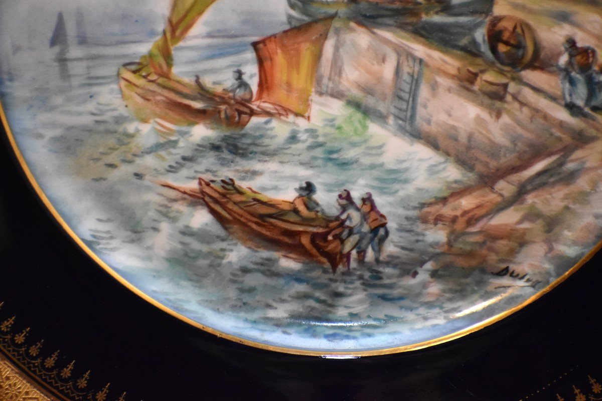 Dubois Limoges, Early 20th Century. Decorative Porcelain Plate, Animated Seaside Scene Decor-photo-4