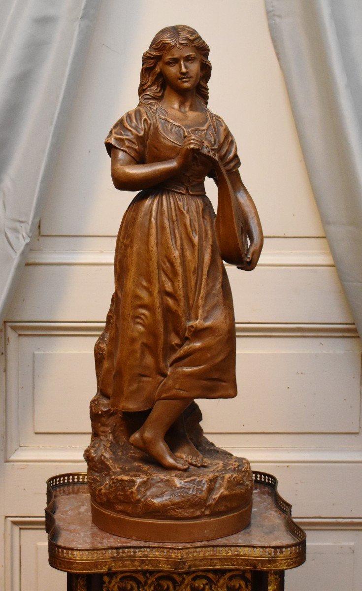 Joseph Le Guluche ( 1849-1915 ). Statue  en Terre Cuite, Sculpture  Jeune Femme à La Mandoline.-photo-2