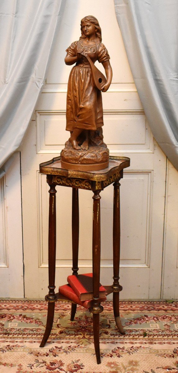 Joseph Le Guluche ( 1849-1915 ). Statue  en Terre Cuite, Sculpture  Jeune Femme à La Mandoline.-photo-4