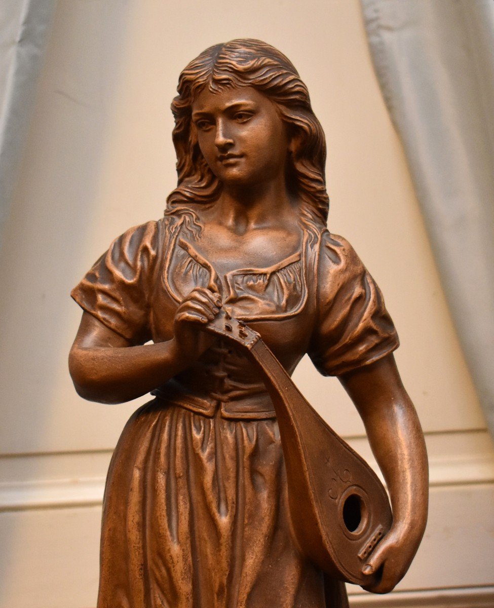 Joseph Le Guluche ( 1849-1915 ). Statue  en Terre Cuite, Sculpture  Jeune Femme à La Mandoline.-photo-2