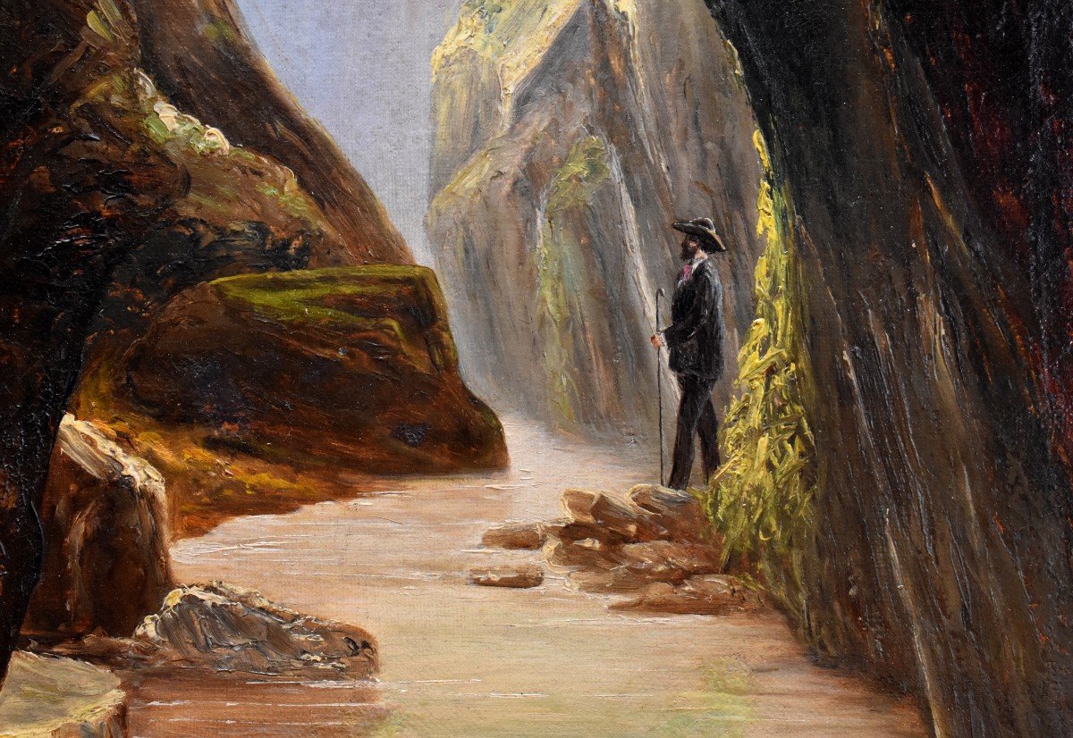 Carpenter, Animated Mountain Landscape, Man In Nineteenth Century Clothes. Oil On Canvas.-photo-4