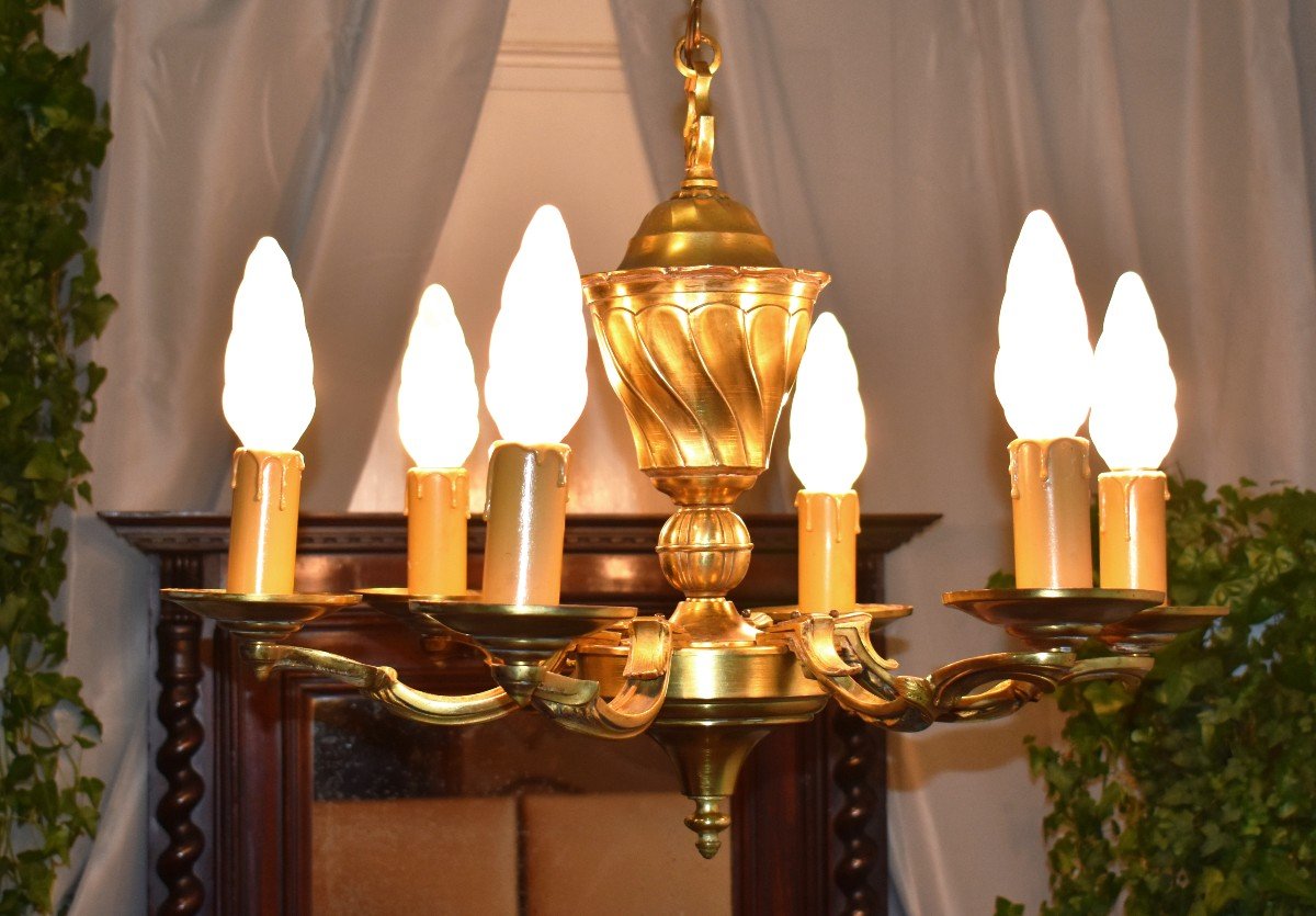 Chandelier In Bronze And Brass Louis XV Style - Rocaille With Six Arms Of Light, Mid-20th Century.-photo-2