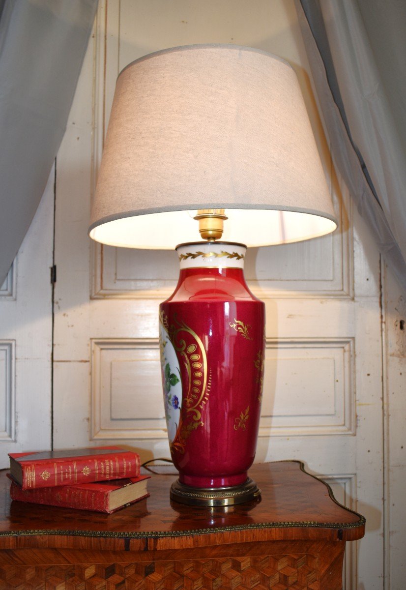 Grande Lampe En Porcelaine De Limoges à Décor Floral-photo-2