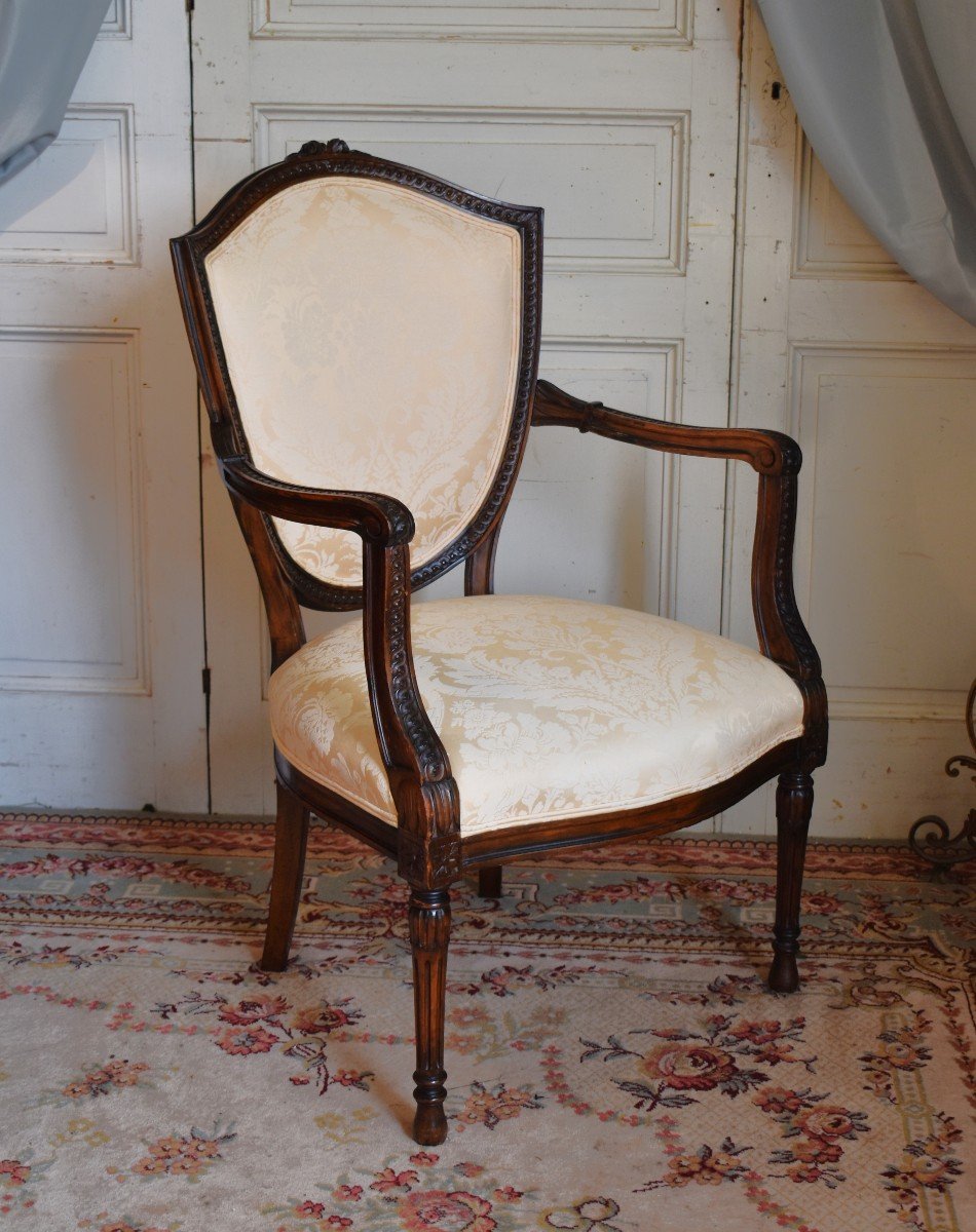 Neoclassical English Armchair Robert Adam Style, Crest Or Shield Backrest, England.-photo-3