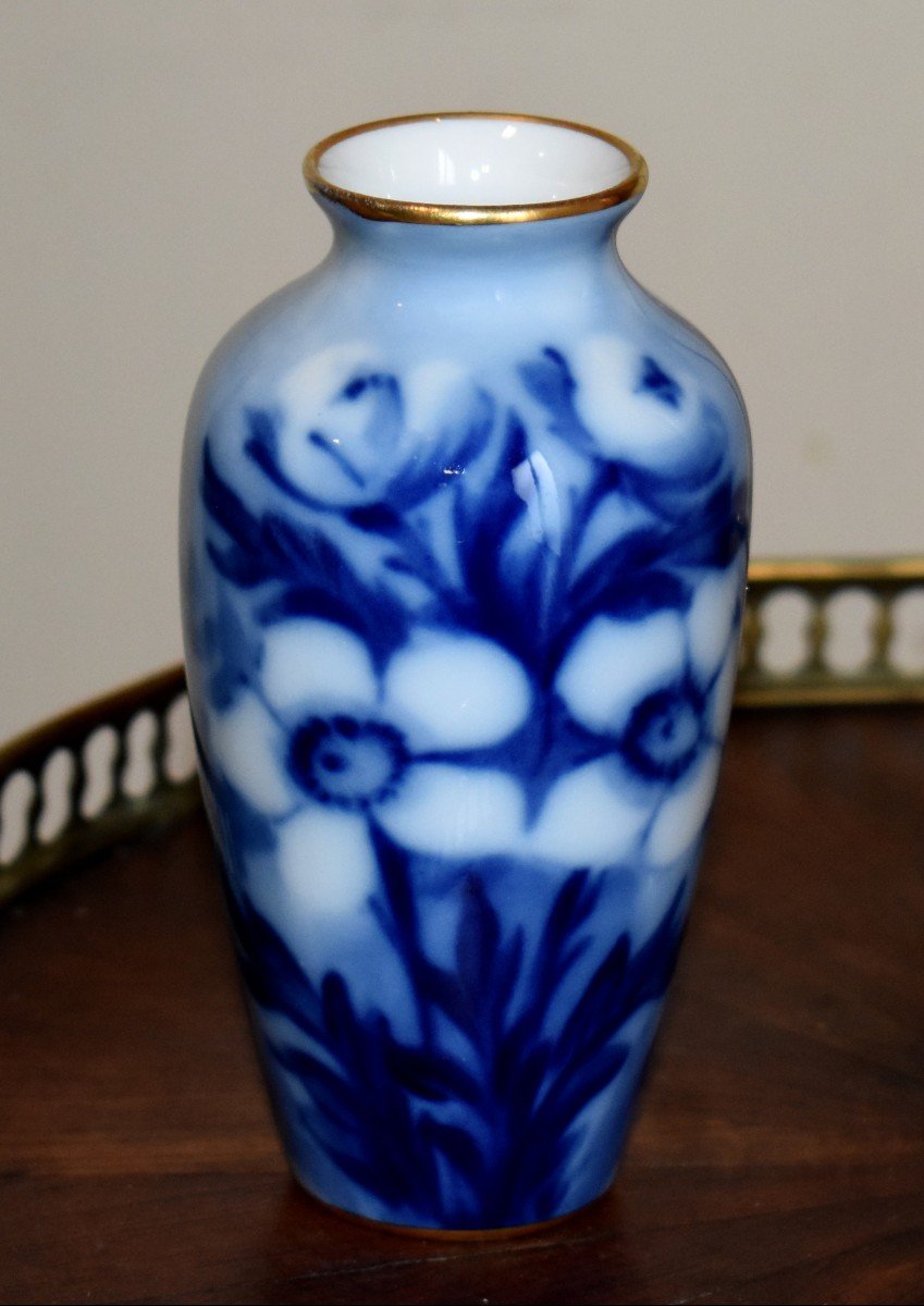 Michelaud - Dupuy (pallas) 1926. Limoges Porcelain Vase, Floral Decor, Shades Of Blue-photo-2