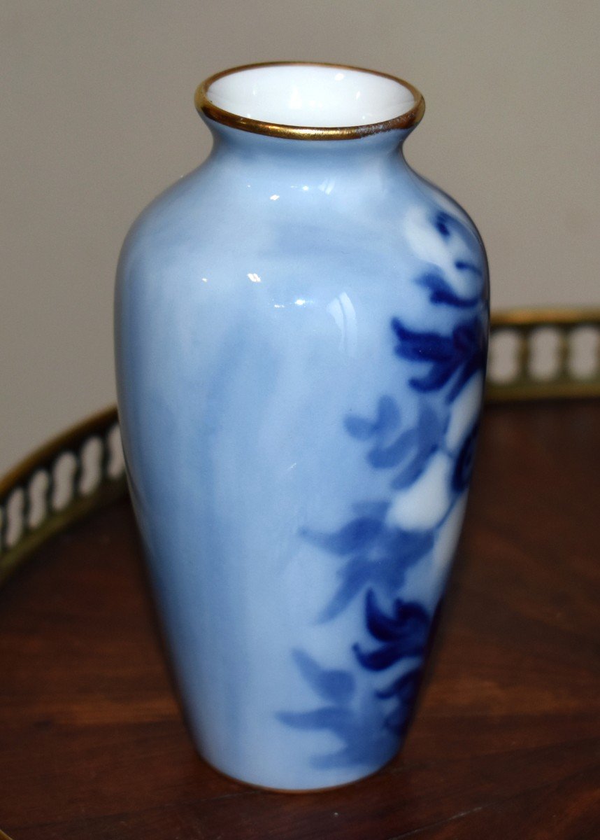 Michelaud - Dupuy (pallas) 1926. Limoges Porcelain Vase, Floral Decor, Shades Of Blue-photo-4