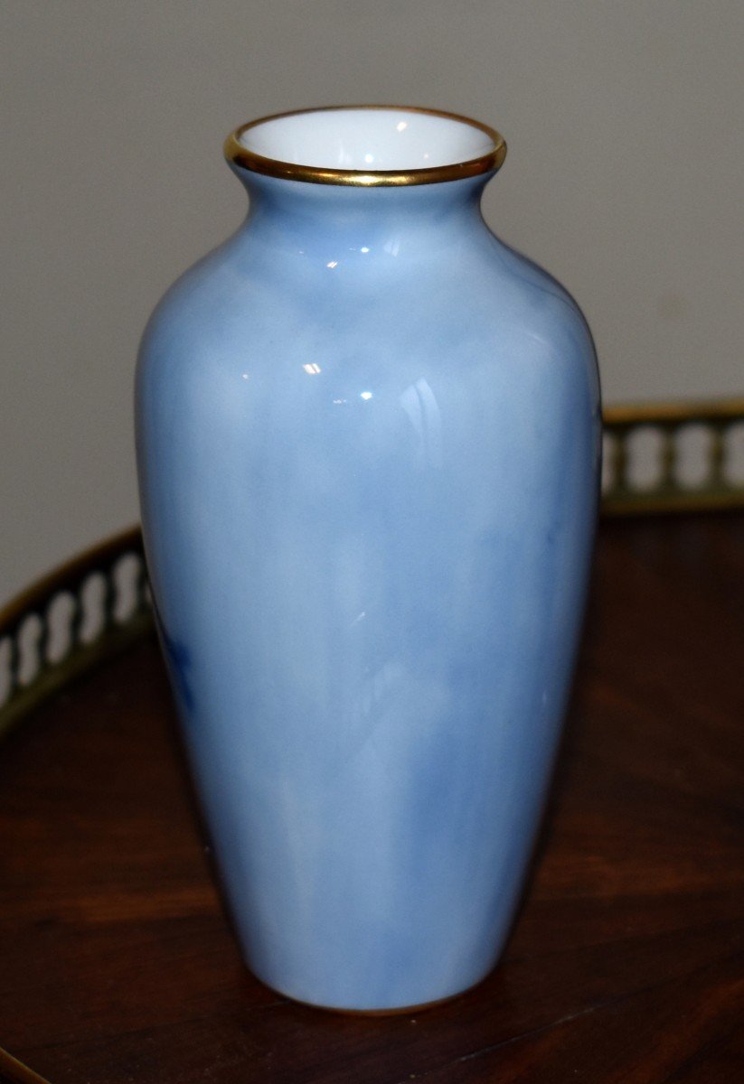 Michelaud - Dupuy (pallas) 1926. Limoges Porcelain Vase, Floral Decor, Shades Of Blue-photo-1