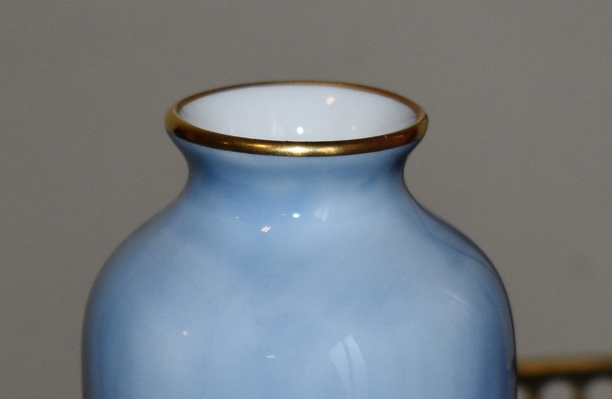 Michelaud - Dupuy (pallas) 1926. Limoges Porcelain Vase, Floral Decor, Shades Of Blue-photo-3