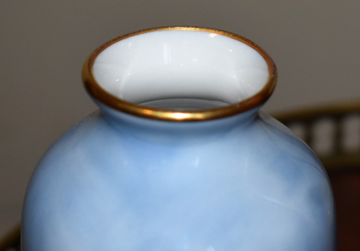 Michelaud - Dupuy (pallas) 1926. Limoges Porcelain Vase, Floral Decor, Shades Of Blue-photo-4