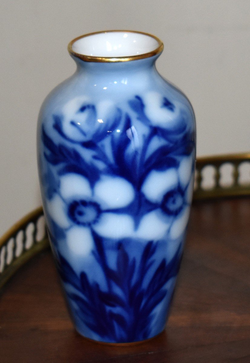 Michelaud - Dupuy (pallas) 1926. Limoges Porcelain Vase, Floral Decor, Shades Of Blue-photo-6