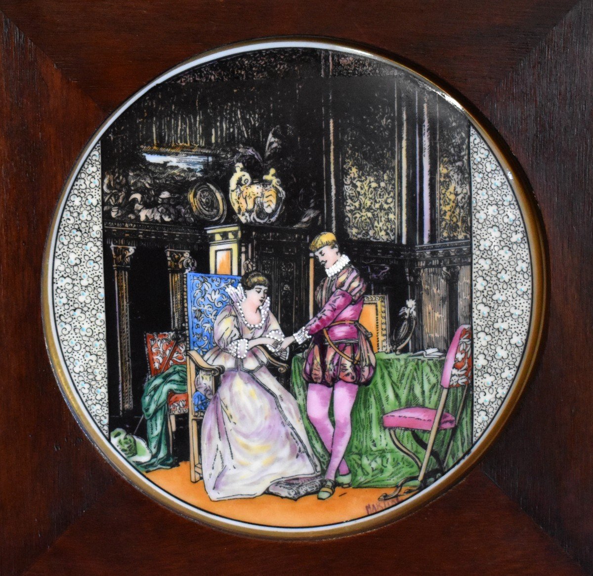 Plaque Décorative En Porcelaine De Limoges Signée Martial , Scène Galante , Décor Renaissance, 