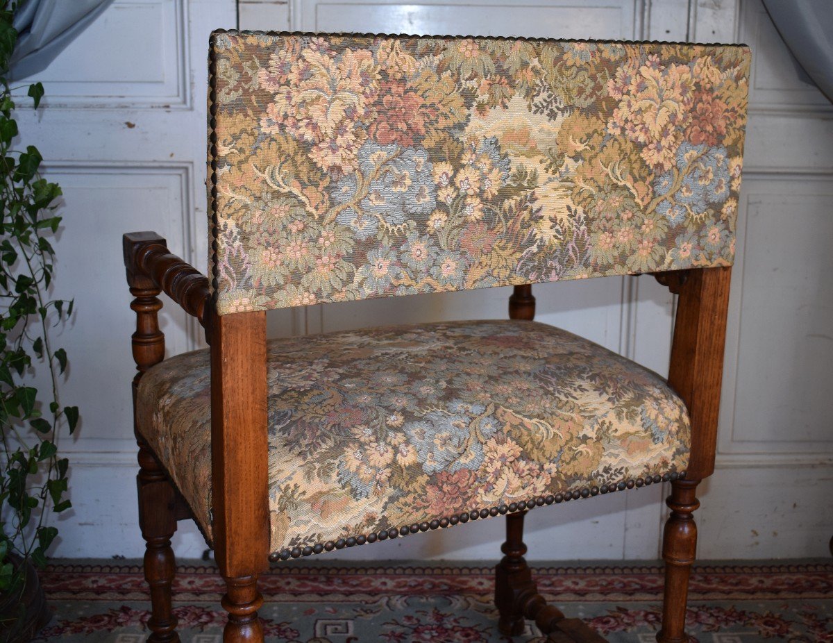Chaise à Bras De Style Louis XIII , Fauteuil En Chêne Recouvert d'une Tapisserie Mécanique, Fin XIXe début XXe siècle.-photo-2