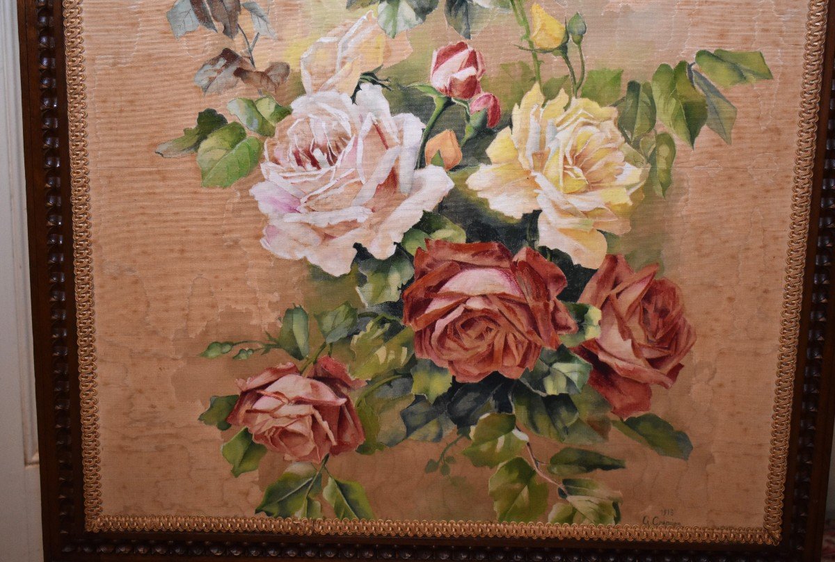 Louis XVI Style Fireplace Screen, Firewall, Painting Bouquet Of Flowers,-photo-1