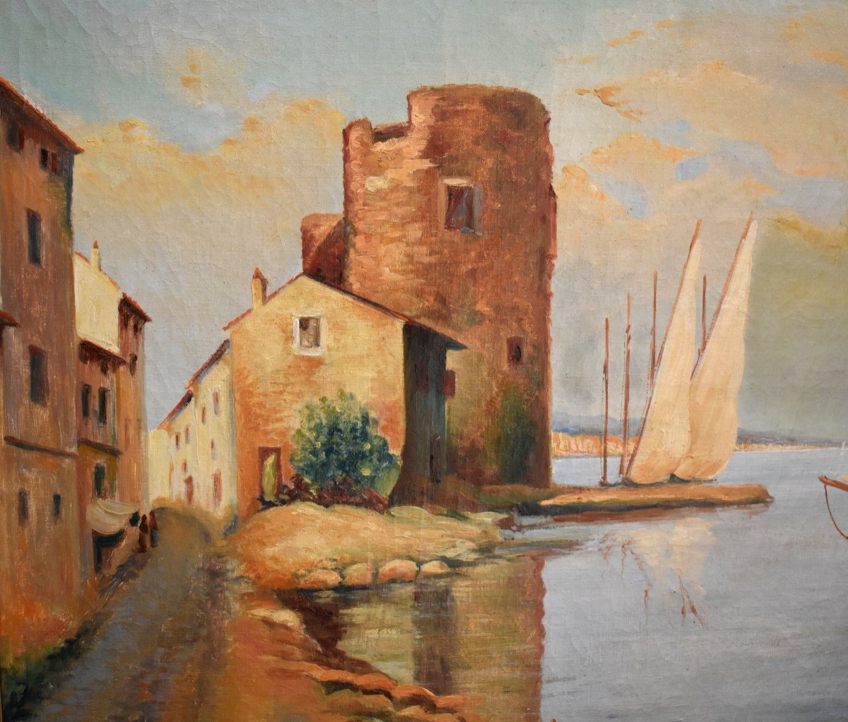 A. Dufor . Paysage  ,  Grande  Marine ,  Tableau d&#039;un Petit Port De Mer, Cadre Dor&eacute;-photo-4