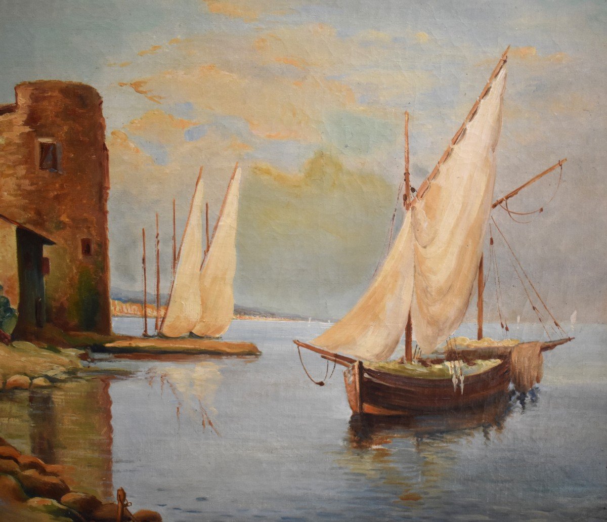 A. Dufor . Paysage  ,  Grande  Marine ,  Tableau d&#039;un Petit Port De Mer, Cadre Dor&eacute;-photo-1