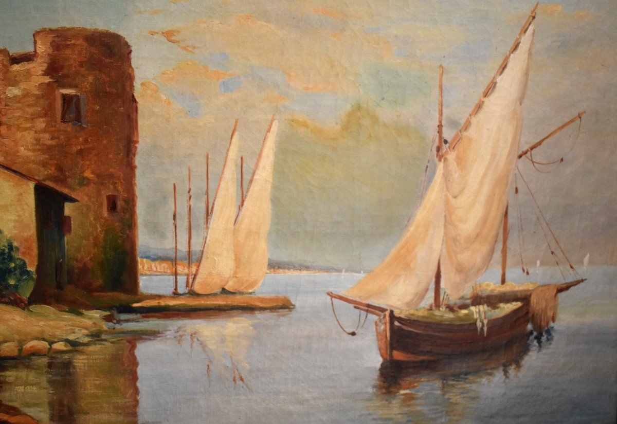 A. Dufor . Paysage  ,  Grande  Marine ,  Tableau d&#039;un Petit Port De Mer, Cadre Dor&eacute;-photo-2