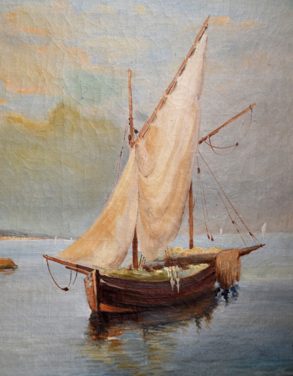 A. Dufor . Paysage  ,  Grande  Marine ,  Tableau d&#039;un Petit Port De Mer, Cadre Dor&eacute;-photo-3
