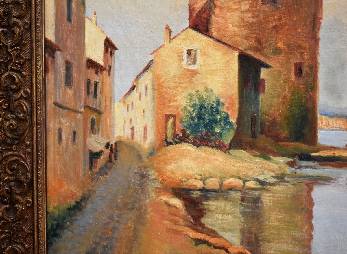A. Dufor . Paysage  ,  Grande  Marine ,  Tableau d&#039;un Petit Port De Mer, Cadre Dor&eacute;-photo-5