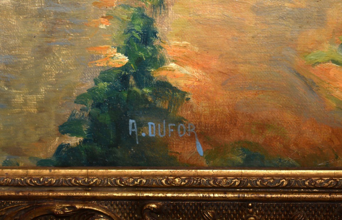 A. Dufor . Paysage  ,  Grande  Marine ,  Tableau d&#039;un Petit Port De Mer, Cadre Dor&eacute;-photo-6