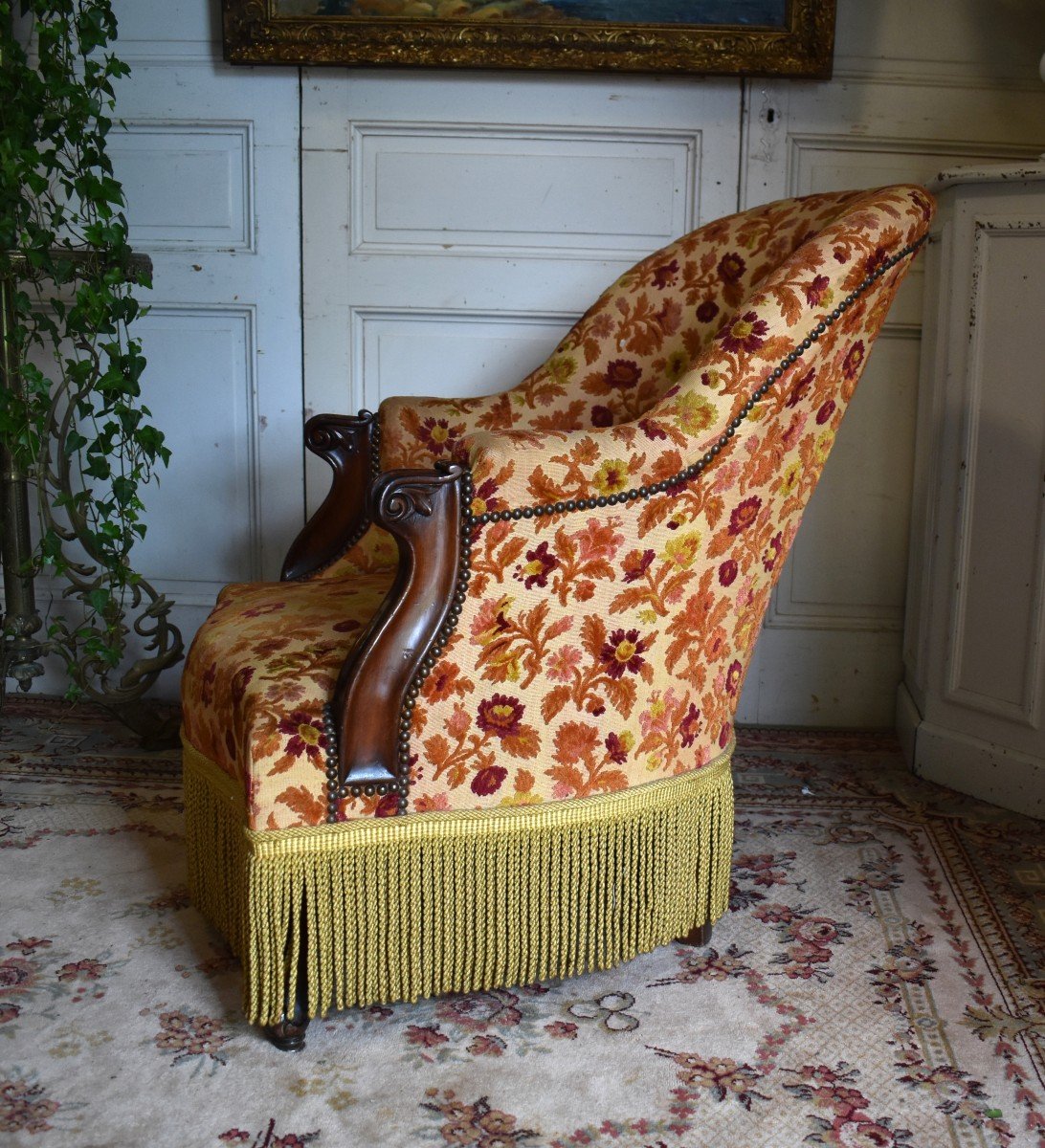 Bergère Gondole du Milieu XIXe, Chauffeuse en  Velours De Gênes  avec  Franges .-photo-3