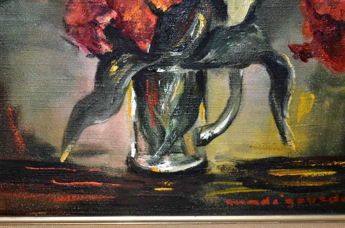 Madé Gourdon, Peintre Du Limousin, Tableau Bouquet de tulipes  ,  Fleurs  dans un Vase Et Sur Entablement-photo-2