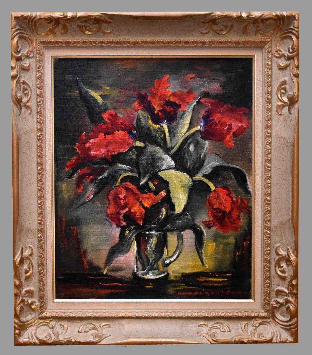 Madé Gourdon, Peintre Du Limousin, Tableau Bouquet de tulipes  ,  Fleurs  dans un Vase Et Sur Entablement
