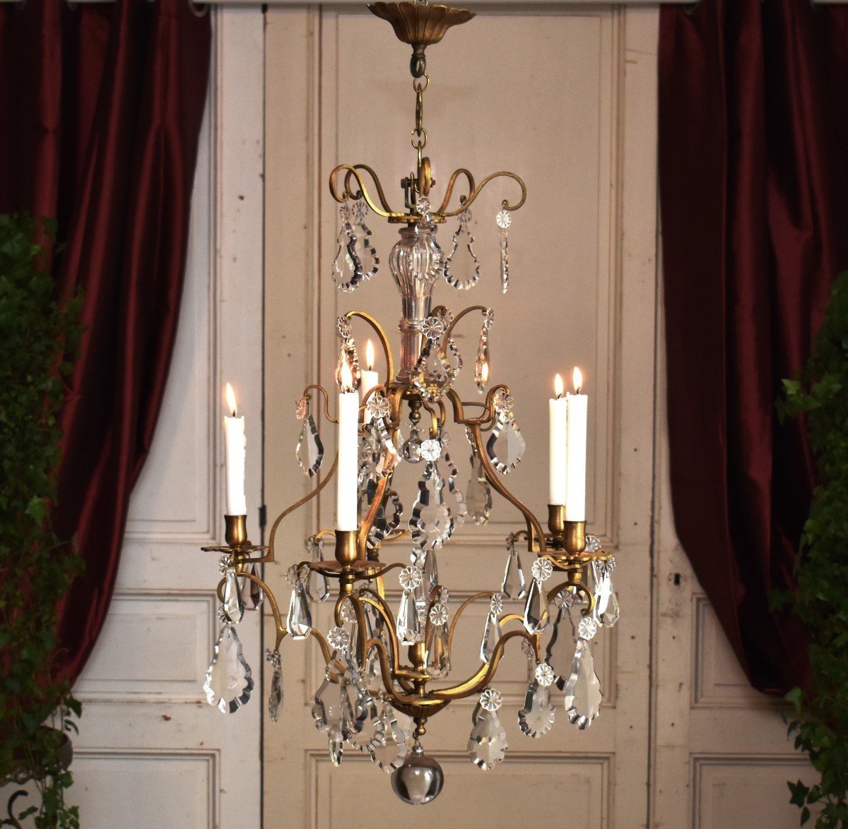 Bronze Chandelier With Pendants, Pendants And Dagger Plates, Candle Lighting, Five Arms-photo-2