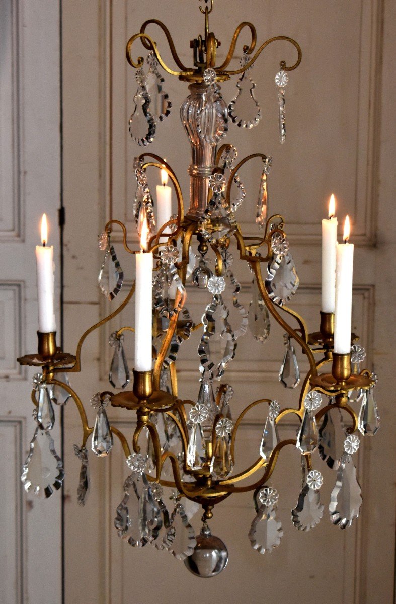 Bronze Chandelier With Pendants, Pendants And Dagger Plates, Candle Lighting, Five Arms-photo-3