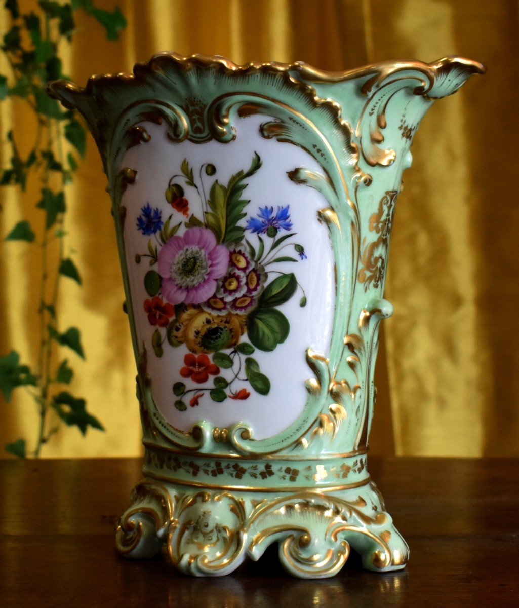 Limoges Porcelain Vase, Floral Decor, Two Bouquets Of Flowers, On A Celadon Background-photo-2