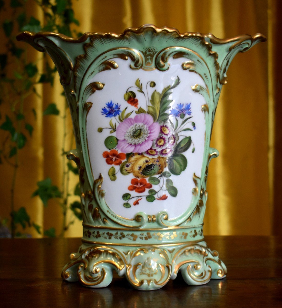 Limoges Porcelain Vase, Floral Decor, Two Bouquets Of Flowers, On A Celadon Background-photo-3