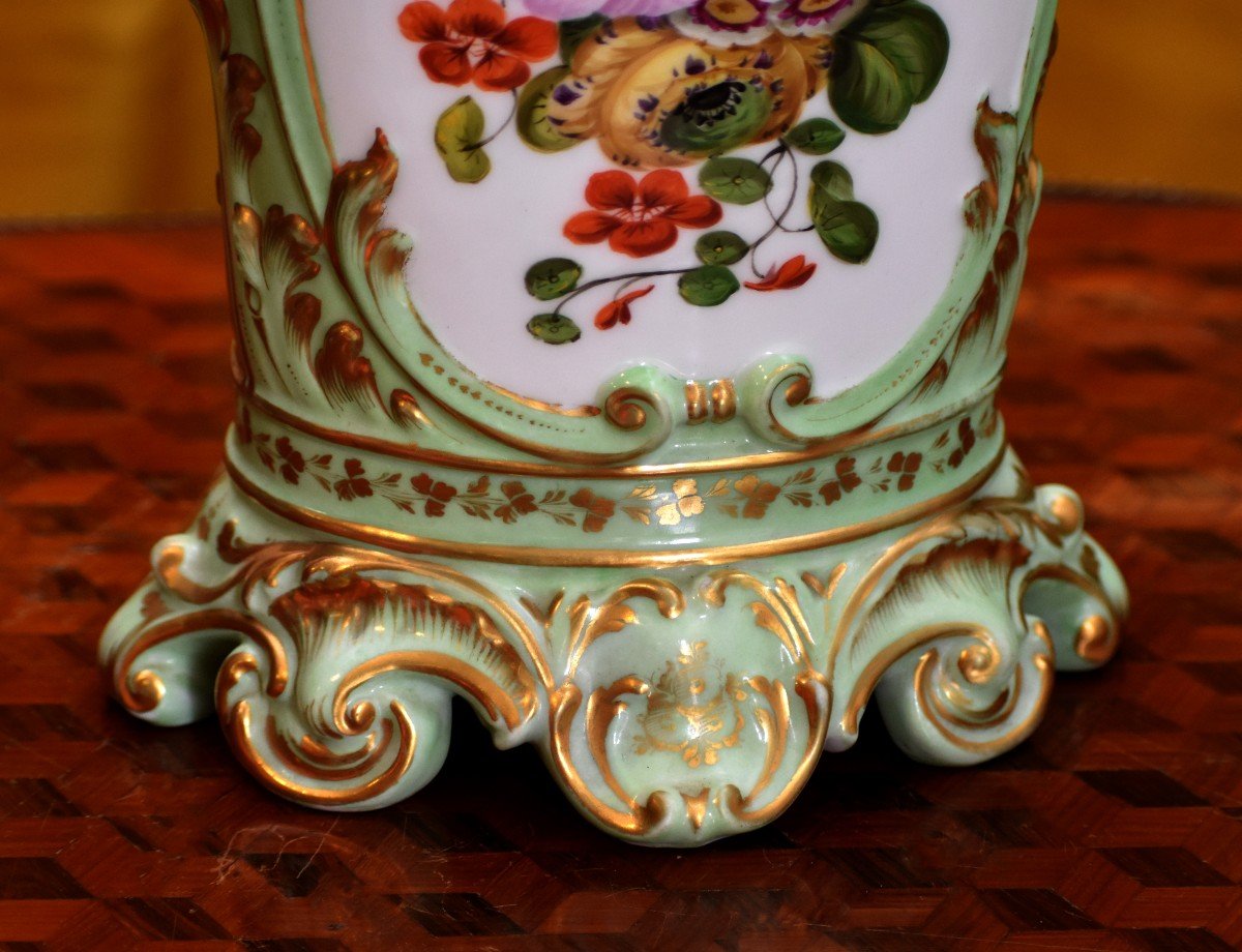 Limoges Porcelain Vase, Floral Decor, Two Bouquets Of Flowers, On A Celadon Background-photo-4