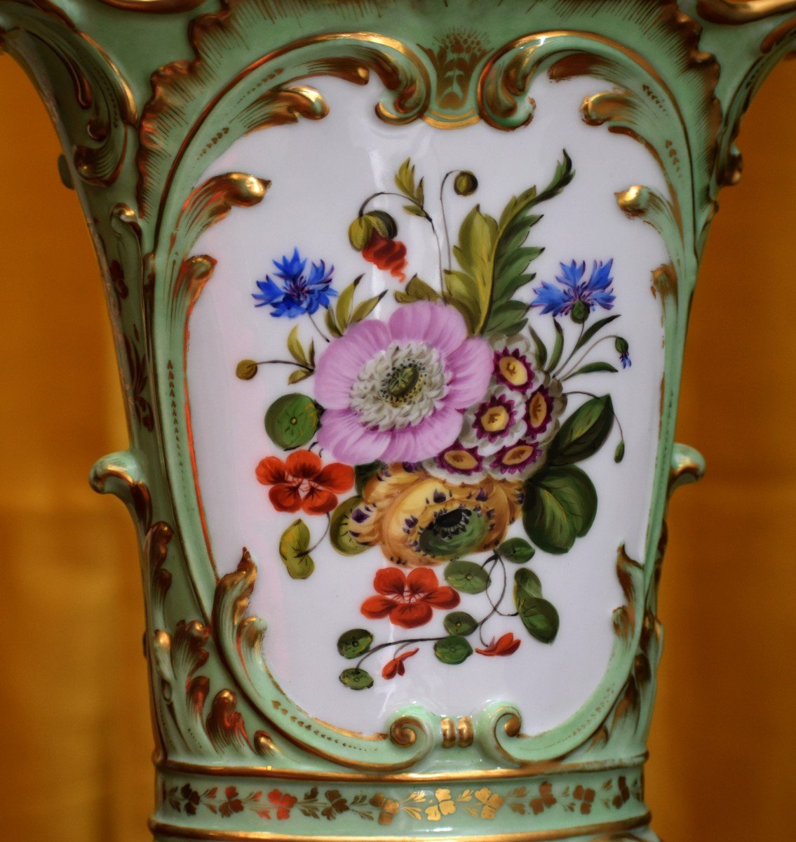 Limoges Porcelain Vase, Floral Decor, Two Bouquets Of Flowers, On A Celadon Background-photo-1